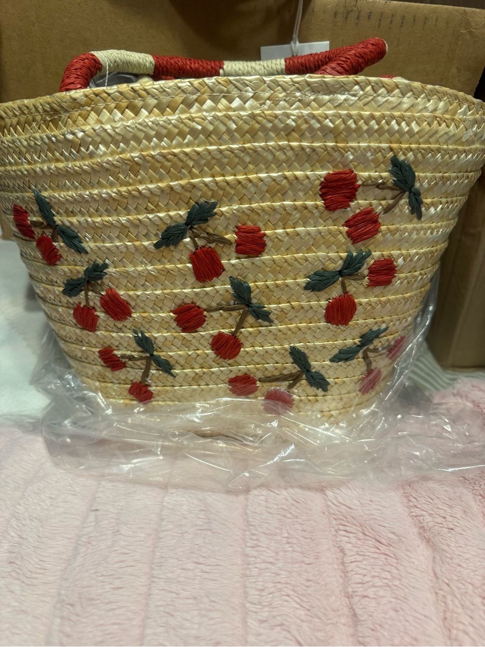 Straw Tote with Red Cherry Embroidery